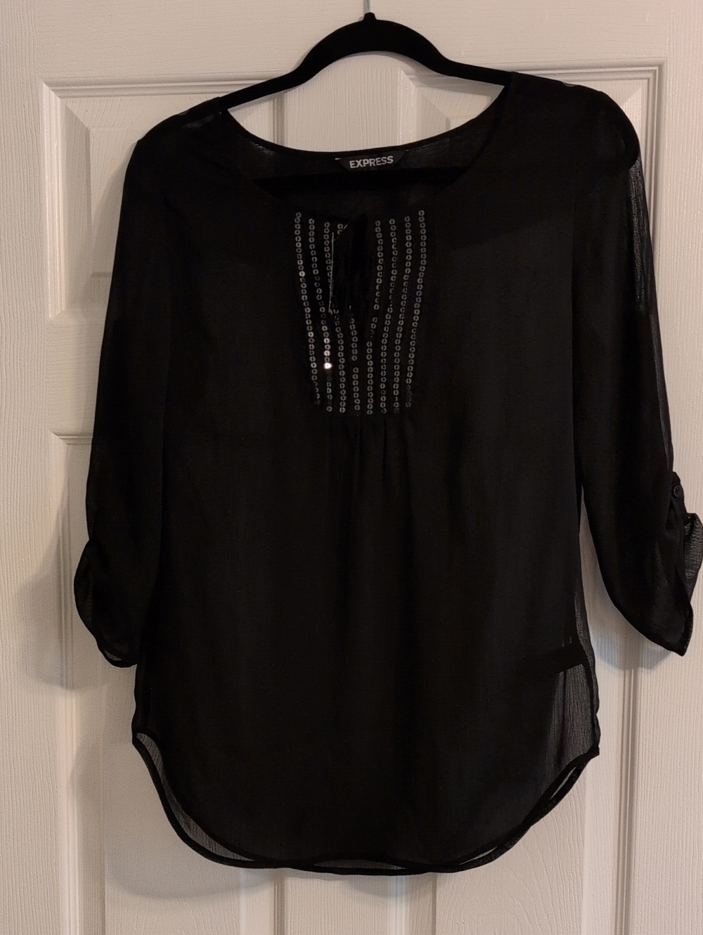 Express Black Sheer Blouse with Sequin Front Panel